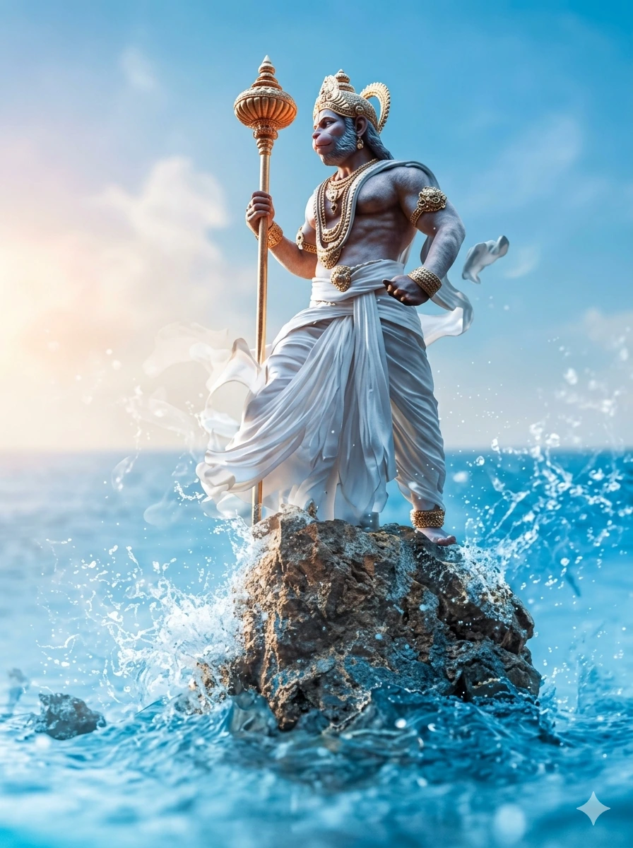 A powerful digital illustration of Lord Hanuman standing firmly on a rock in the middle of a splashing ocean. He is holding his golden Gada, wearing a crown and white traditional attire, with a clear blue sky in the background. AI Generated.