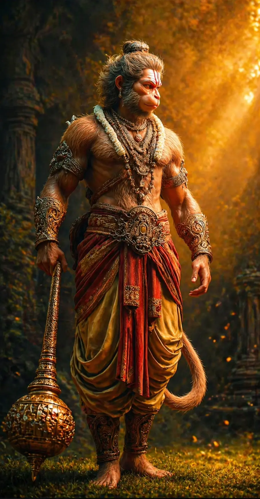 A vibrant and powerful cinematic depiction of Lord Hanuman as a warrior, holding a golden bow with a glowing sun halo in the background. AI Generated