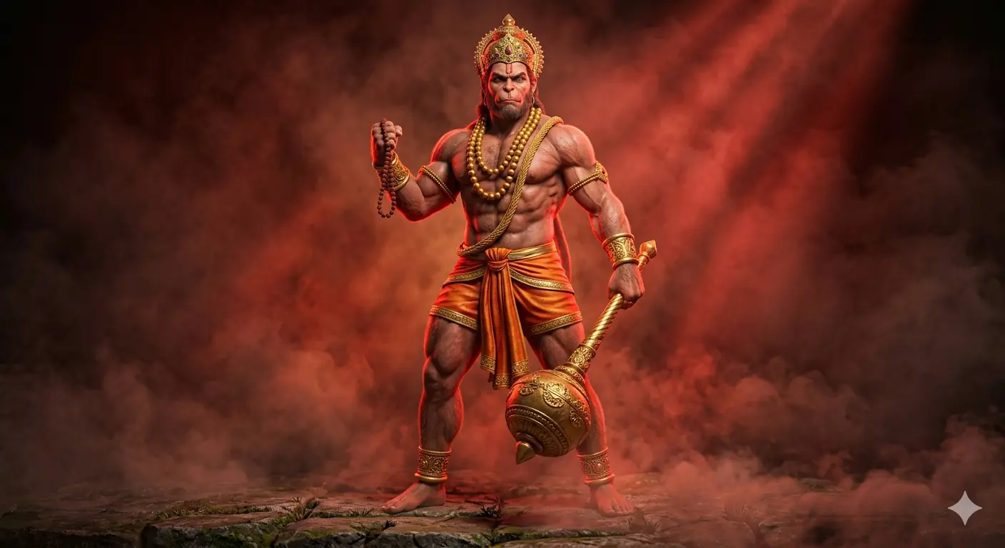 "A powerful digital portrait of Lord Hanuman holding a golden Gada in one hand and prayer beads in the other, standing amidst mystical red smoke and divine light, AI generated."