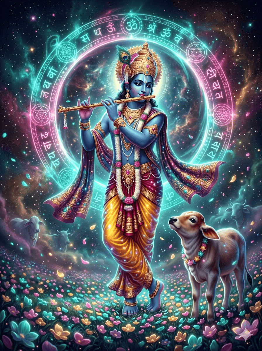 AI-generated vibrant digital art of Lord Krishna playing flute with a calf and sacred symbols in a cosmic background.