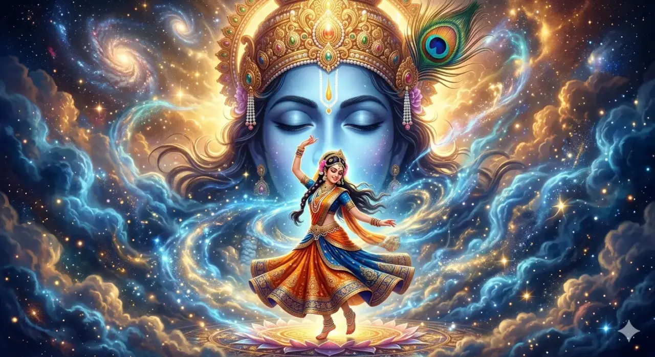 mesmerizing digital art of Radha dancing in front of a cosmic Lord Krishna, surrounded by galaxies, stardust, and glowing clouds.