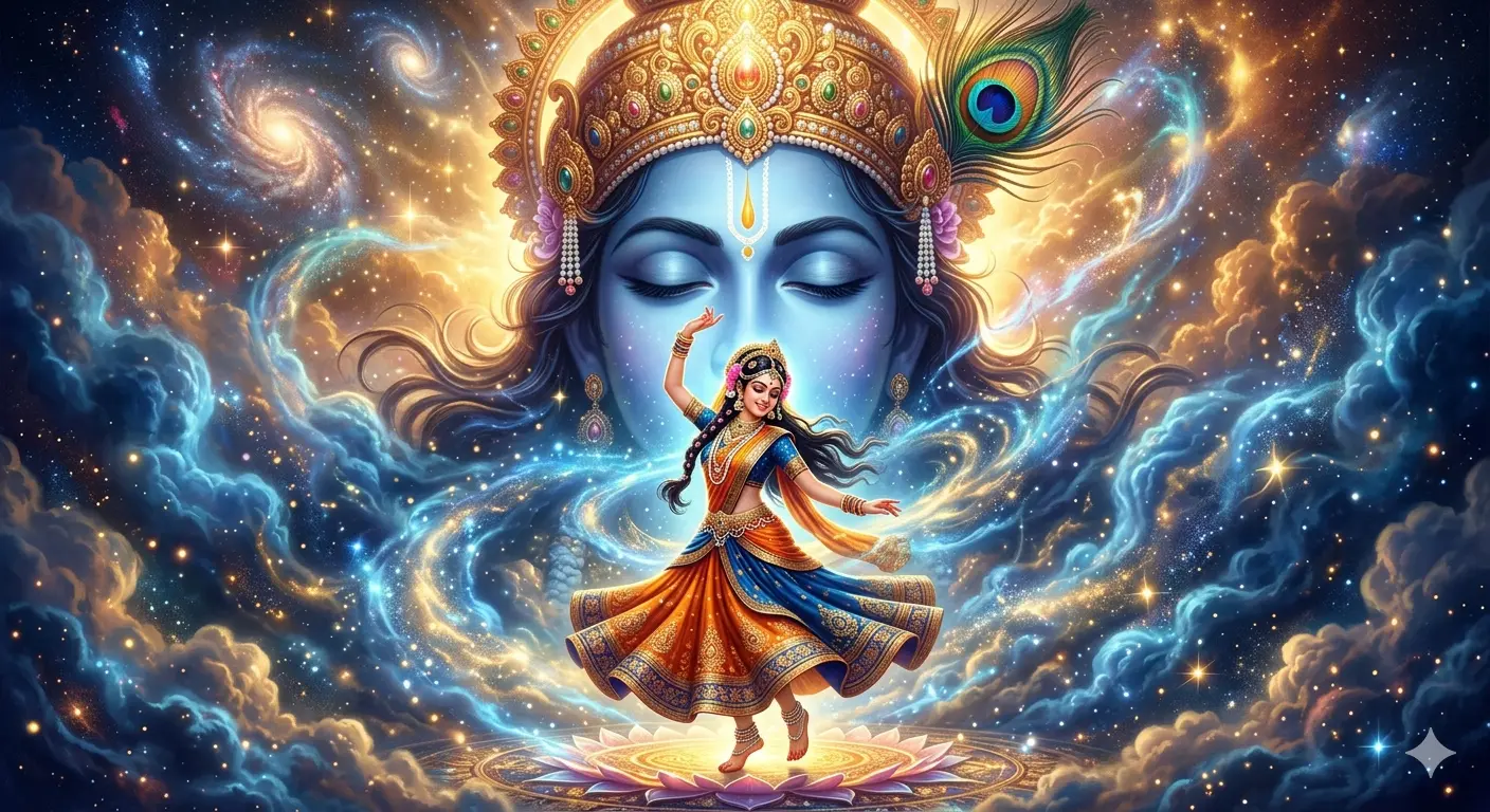 mesmerizing digital art of Radha dancing in front of a cosmic Lord Krishna, surrounded by galaxies, stardust, and glowing clouds.