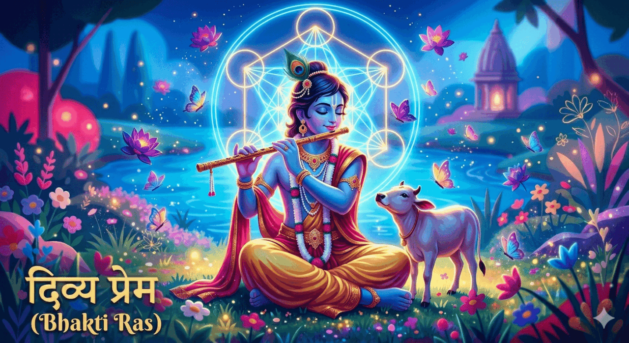 AI-generated mystical art of Lord Krishna playing flute by a river with a calf, glowing sacred geometry, and vibrant flowers.