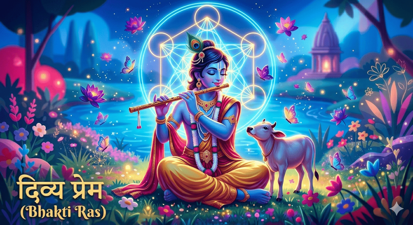AI-generated mystical art of Lord Krishna playing flute by a river with a calf, glowing sacred geometry, and vibrant flowers.