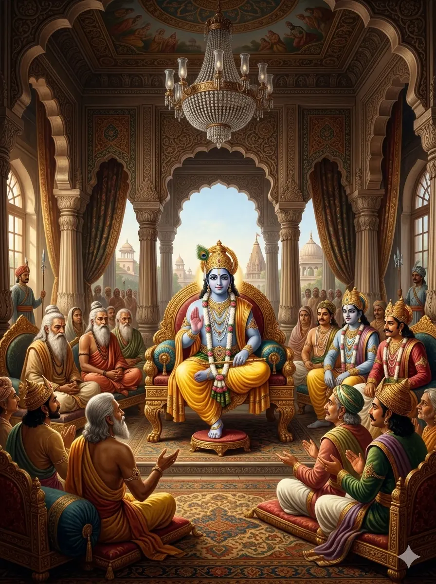 "A majestic digital art of Lord Krishna seated on a royal throne in a grand palace, surrounded by wise sages and kings, created using AI."