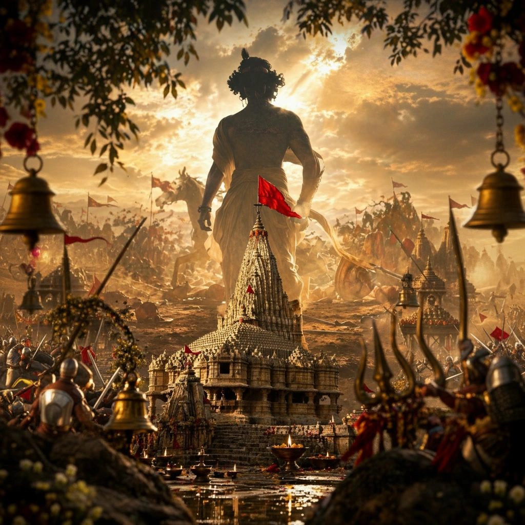 "A cinematic silhouette of Lord Krishna standing as a giant guardian behind the Dwarkadhish temple overlooking a battlefield during a golden sunset, AI generated."
