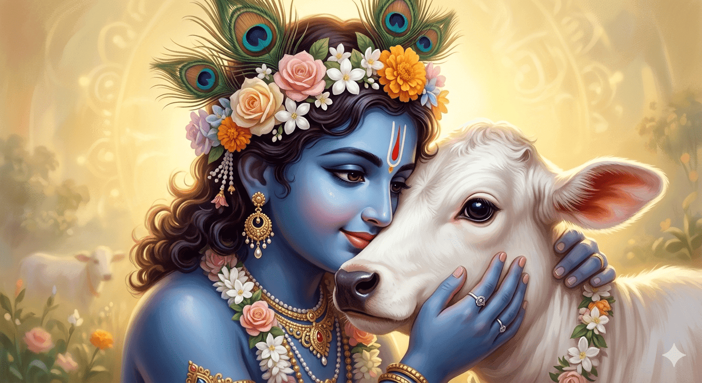 AI-generated soft digital art of young Lord Krishna affectionately hugging a white calf with flowers and peacock feathers in his hair.