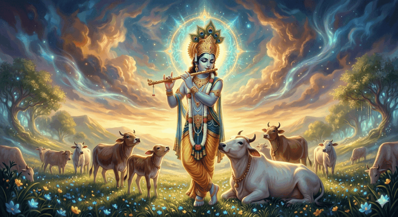 AI-generated spiritual digital art of Lord Krishna playing flute in a lush meadow surrounded by a herd of cows under a mystical sky.