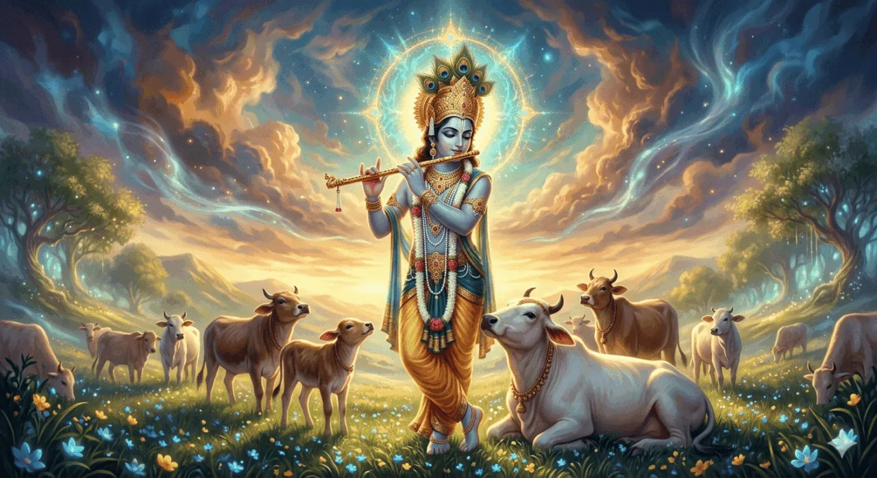 AI-generated spiritual digital art of Lord Krishna playing flute in a lush meadow surrounded by a herd of cows under a mystical sky.