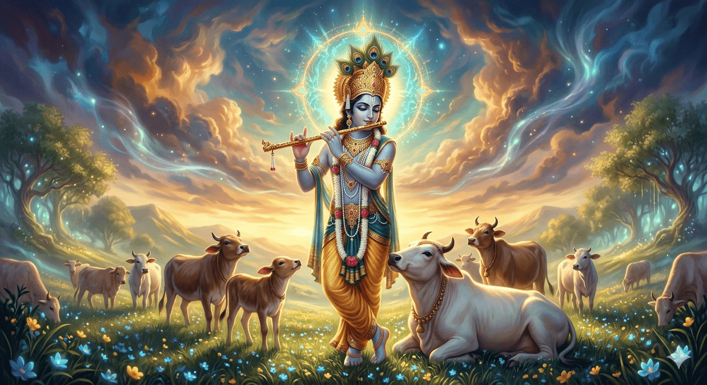 AI-generated spiritual digital art of Lord Krishna playing flute in a lush meadow surrounded by a herd of cows under a mystical sky.