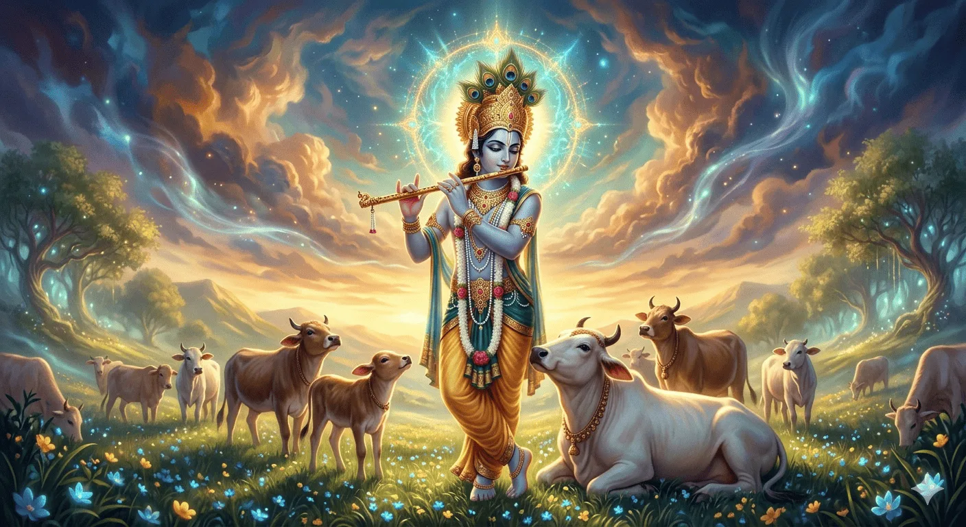 AI-generated spiritual digital art of Lord Krishna playing flute in a lush meadow surrounded by a herd of cows under a mystical sky.
