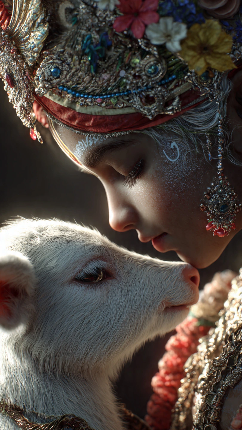 A hyper-realistic and cinematic close-up of a young Lord Krishna gently touching his forehead to a small white calf, featuring intricate jewelry and floral ornaments. AI Generated