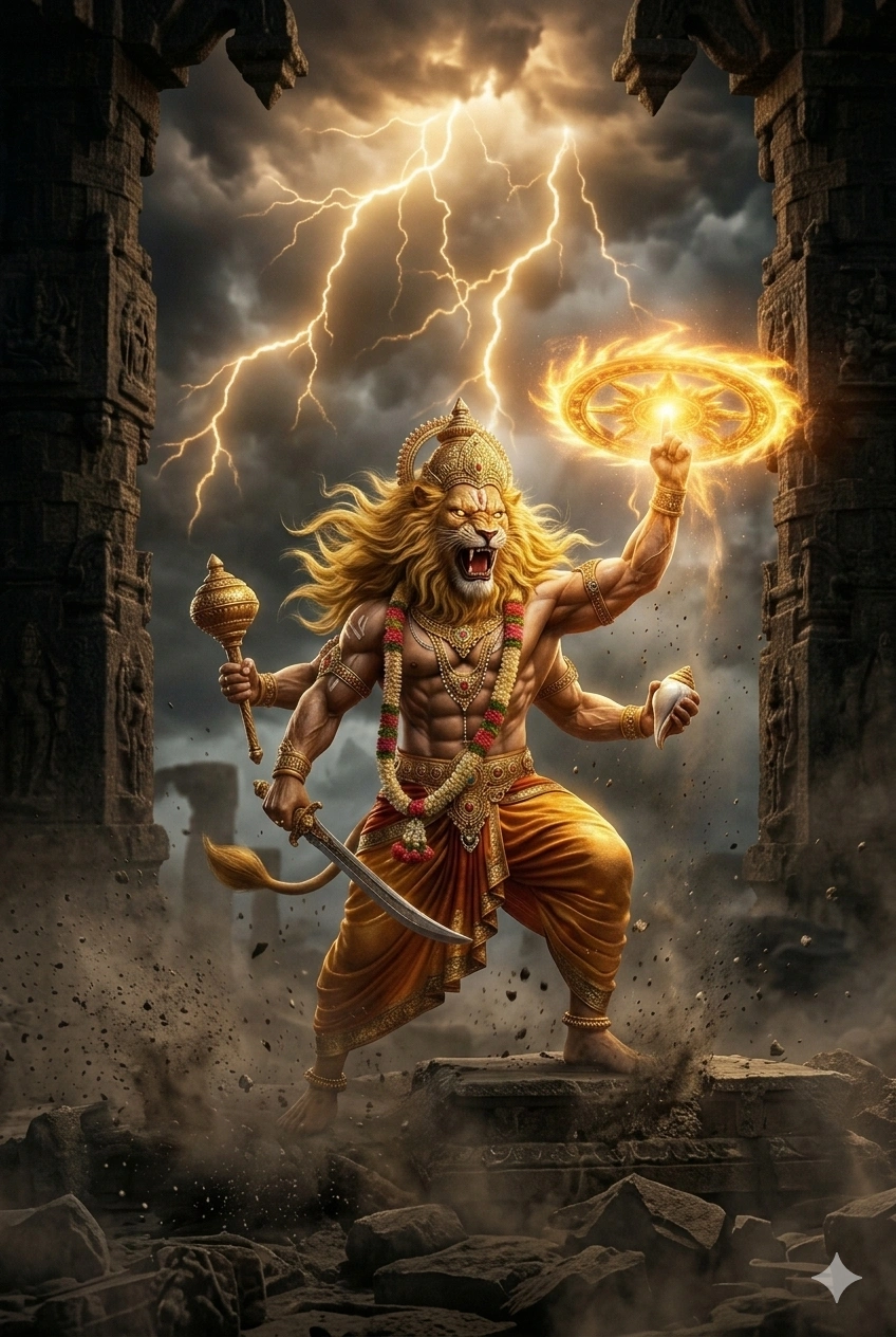 A powerful digital painting of Lord Narasimha, the lion-headed avatar of Vishnu, standing between ancient stone pillars. He has four arms holding a mace, a sword, a conch, and a glowing Sudarshana Chakra. Lightning strikes in the dark, cloudy background as he roars in fury. AI Generated