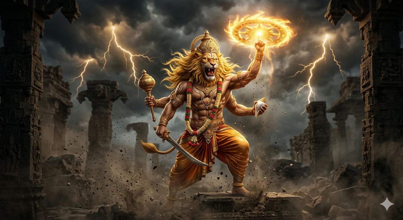 Lord Narasimha, the lion-headed avatar of Vishnu, standing in a ruined temple with lightning and a flaming Sudarshana Chakra, AI Generated.