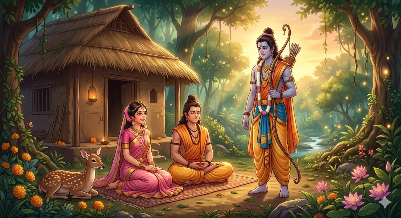 A serene digital painting of Lord Ram, Mata Sita, and Lakshman outside their humble forest hut, surrounded by lush greenery, flowers, and a small deer. AI Generated
