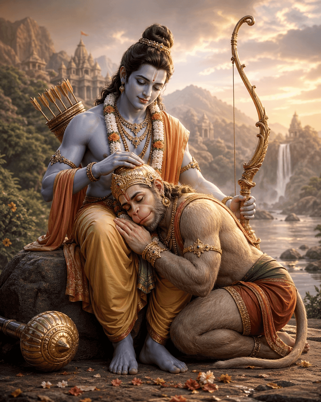 AI-generated high-quality digital art of Lord Rama sitting on a rock, affectionately placing his hand on Hanuman's head as he rests in Rama's lap.