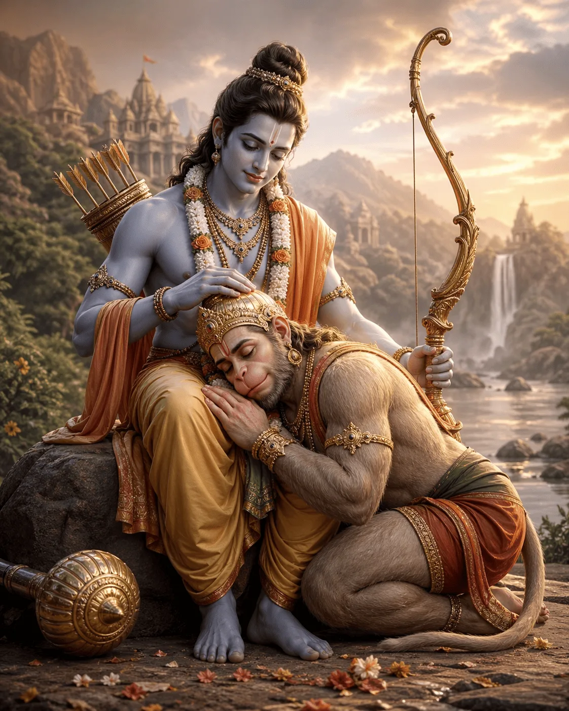 AI-generated high-quality digital art of Lord Rama sitting on a rock, affectionately placing his hand on Hanuman's head as he rests in Rama's lap.