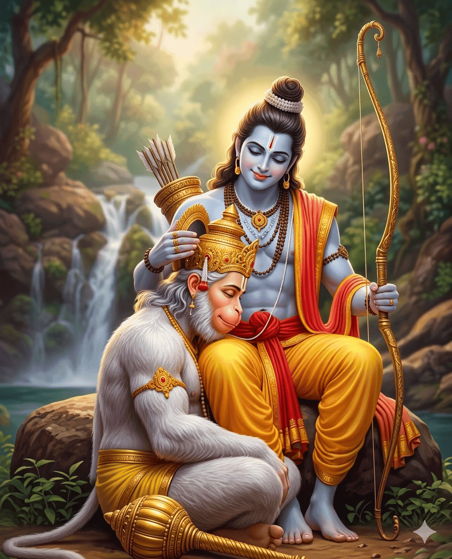 AI-generated emotional art of Lord Rama sitting on a rock and affectionately blessing Hanuman who is resting his head on Rama's lap in a forest setting.
