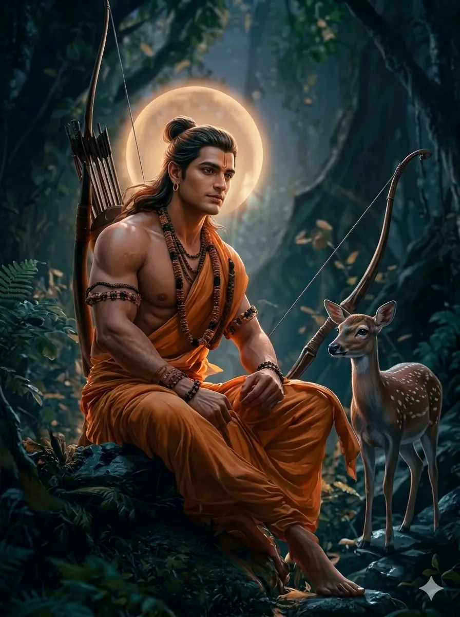 A calm and artistic depiction of Lord Rama sitting on a rock in a lush forest during his vanvas. He is wearing saffron robes and rudraksha, carrying a bow and arrows, with a glowing full moon behind him and a small deer standing nearby. AI Generated.