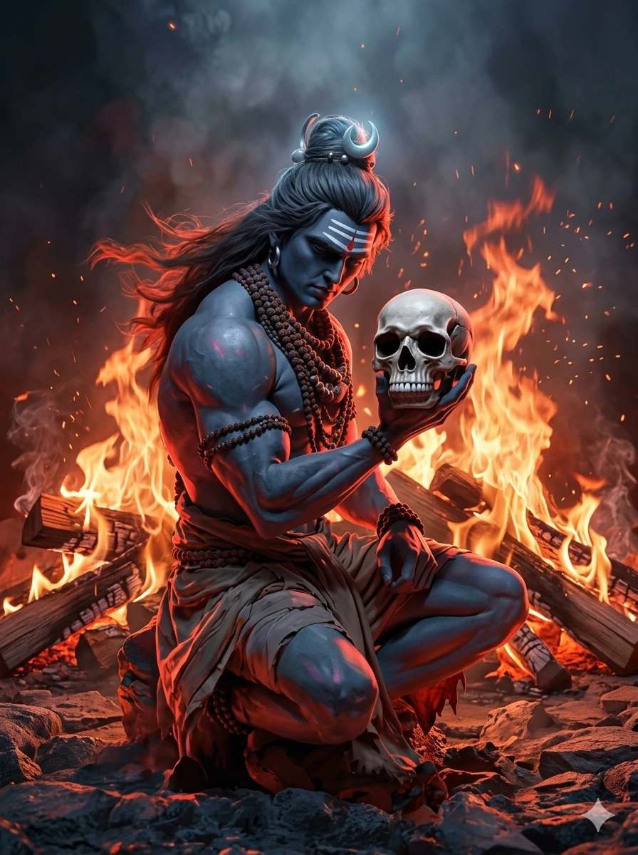 A powerful and intense depiction of Lord Shiva in an Aghori form, holding a human skull (Kapala) while sitting near a blazing sacred fire. He has a blue complexion, long flowing hair with a crescent moon, and wears rudraksha beads. AI Generated.