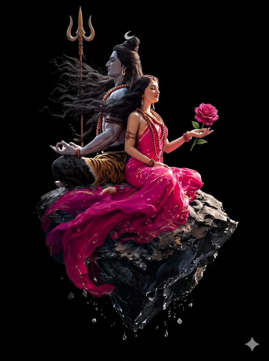 : A divine and artistic illustration of Lord Shiva and Mata Parvati sitting back-to-back in meditation on a floating rock against a black background. Shiva holds a trident, and Parvati holds a pink rose. They are both wearing traditional spiritual attire and rudraksha beads. AI Generated.
