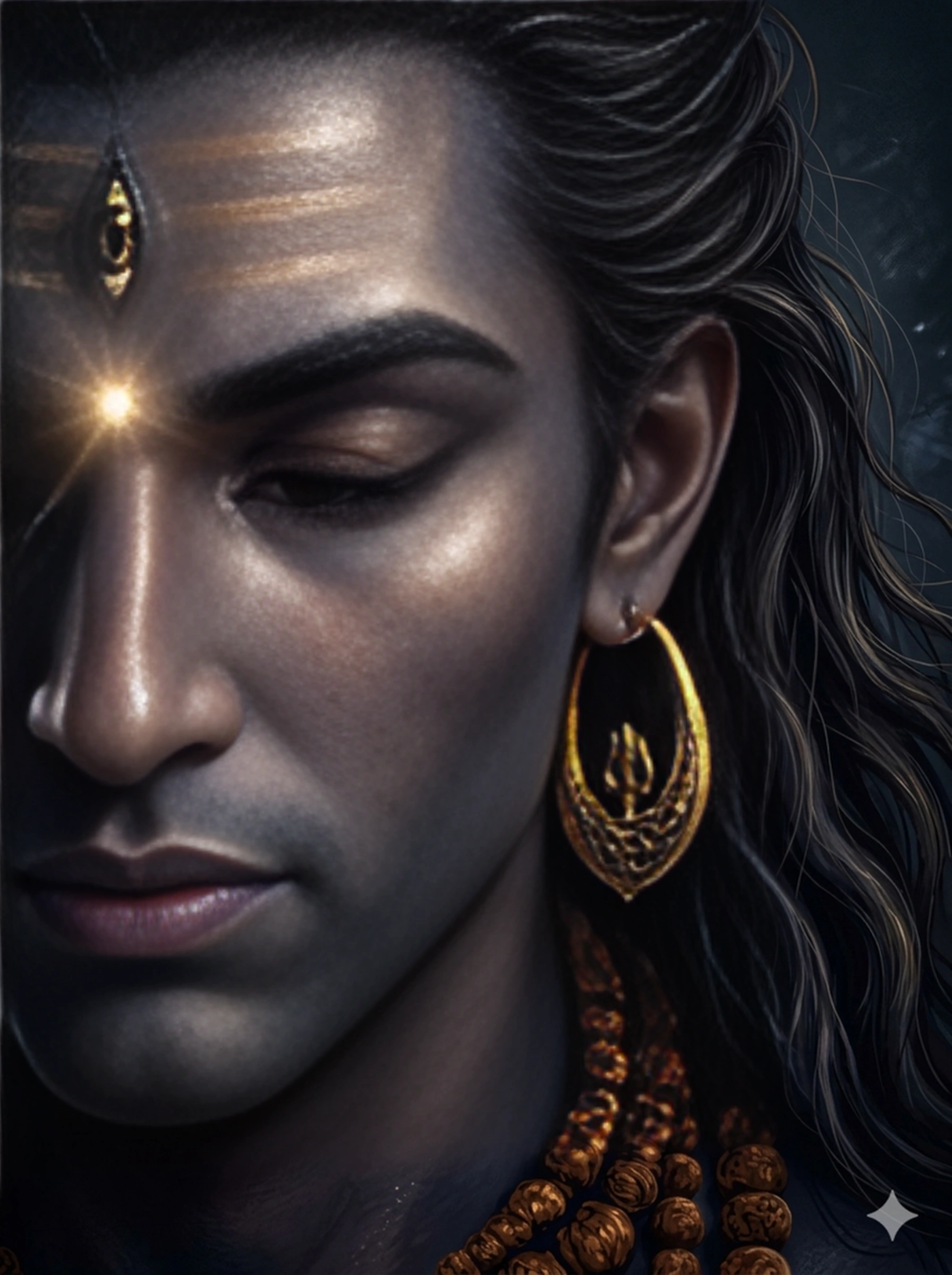 A hyper-realistic close-up digital painting of Lord Shiva’s face in a serene, meditative pose. He has dark skin, long flowing black hair, and wears golden earrings with a trident (Trishul) design. A glowing light emanates from his third eye area on his forehead, which is marked with sacred Tripundra ash. He is wearing Rudraksha beads around his neck. AI Generated