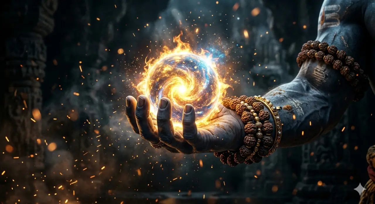 A close-up digital artwork of Lord Shiva's muscular arm and hand holding a swirling, glowing orb of cosmic fire and blue energy. His wrist is adorned with multiple Rudraksha beads and a golden bangle. Sparks and embers float in the dark, mystical background. AI Generated