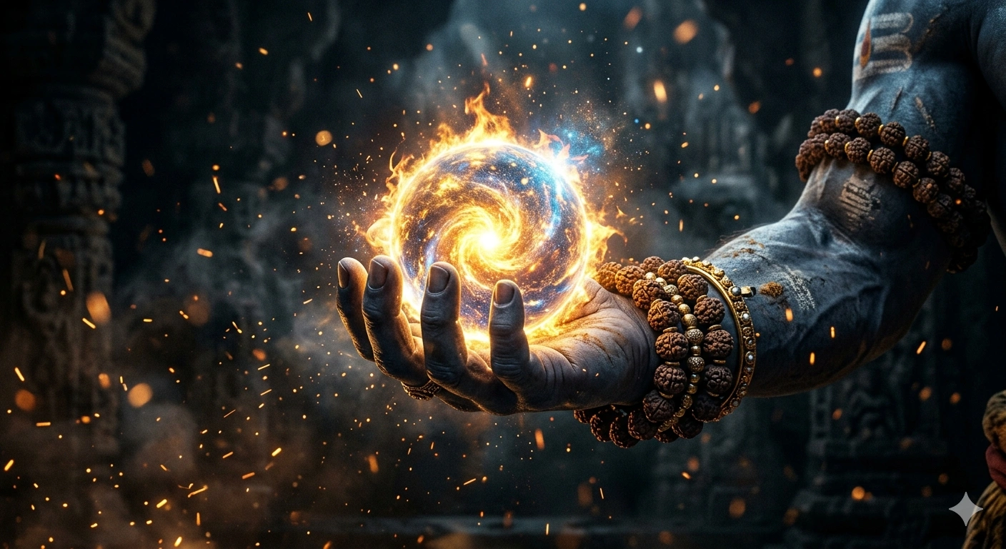 A close-up digital artwork of Lord Shiva's muscular arm and hand holding a swirling, glowing orb of cosmic fire and blue energy. His wrist is adorned with multiple Rudraksha beads and a golden bangle. Sparks and embers float in the dark, mystical background. AI Generated