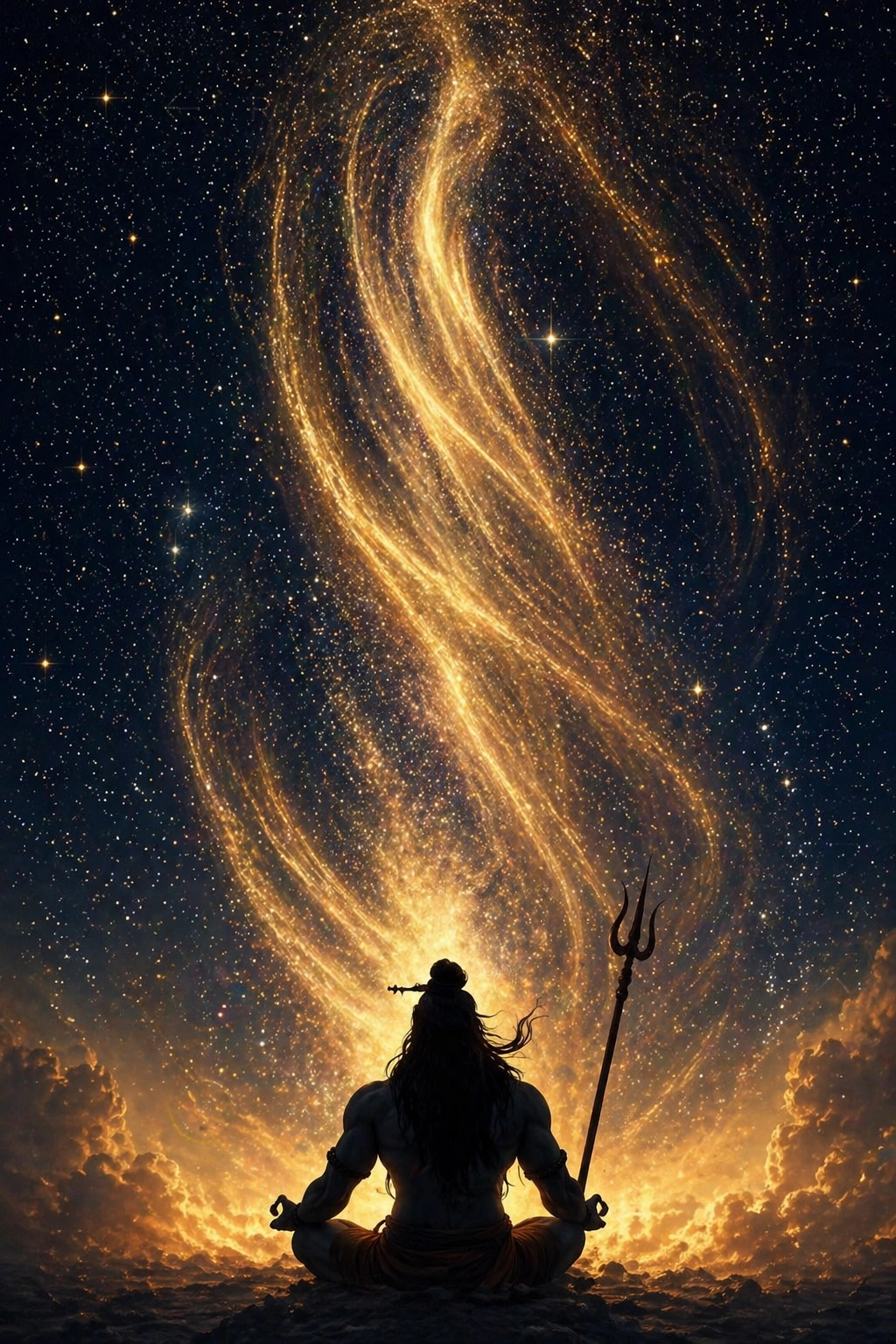 "A cinematic silhouette of Lord Shiva in meditation with golden energy swirling towards the stars, holding a Trishul against a cosmic night sky filled with clouds, AI generated."