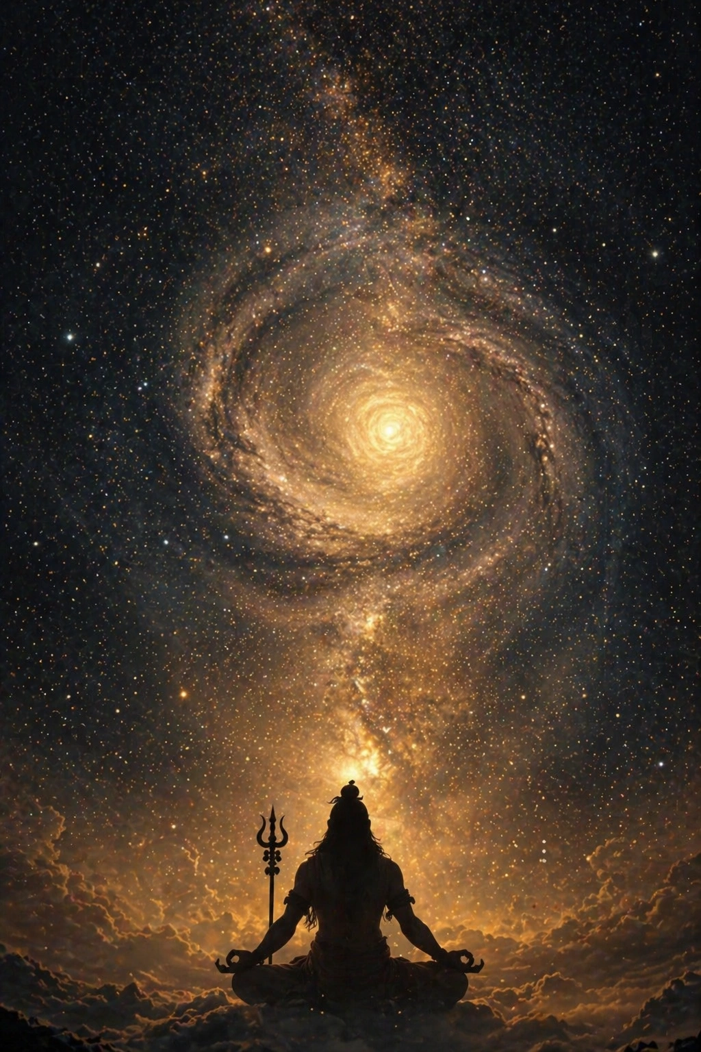 "A breathtaking digital silhouette of Lord Shiva sitting in meditation above the clouds, with a giant swirling golden galaxy and the Milky Way in the background, AI generated."