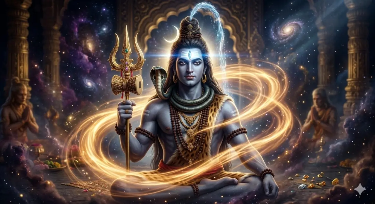 A cinematic and mystical depiction of Lord Shiva in a meditative pose, holding a Trishul, with a glowing crescent moon, a snake around his neck, and the cosmic galaxy in the background. AI Generated