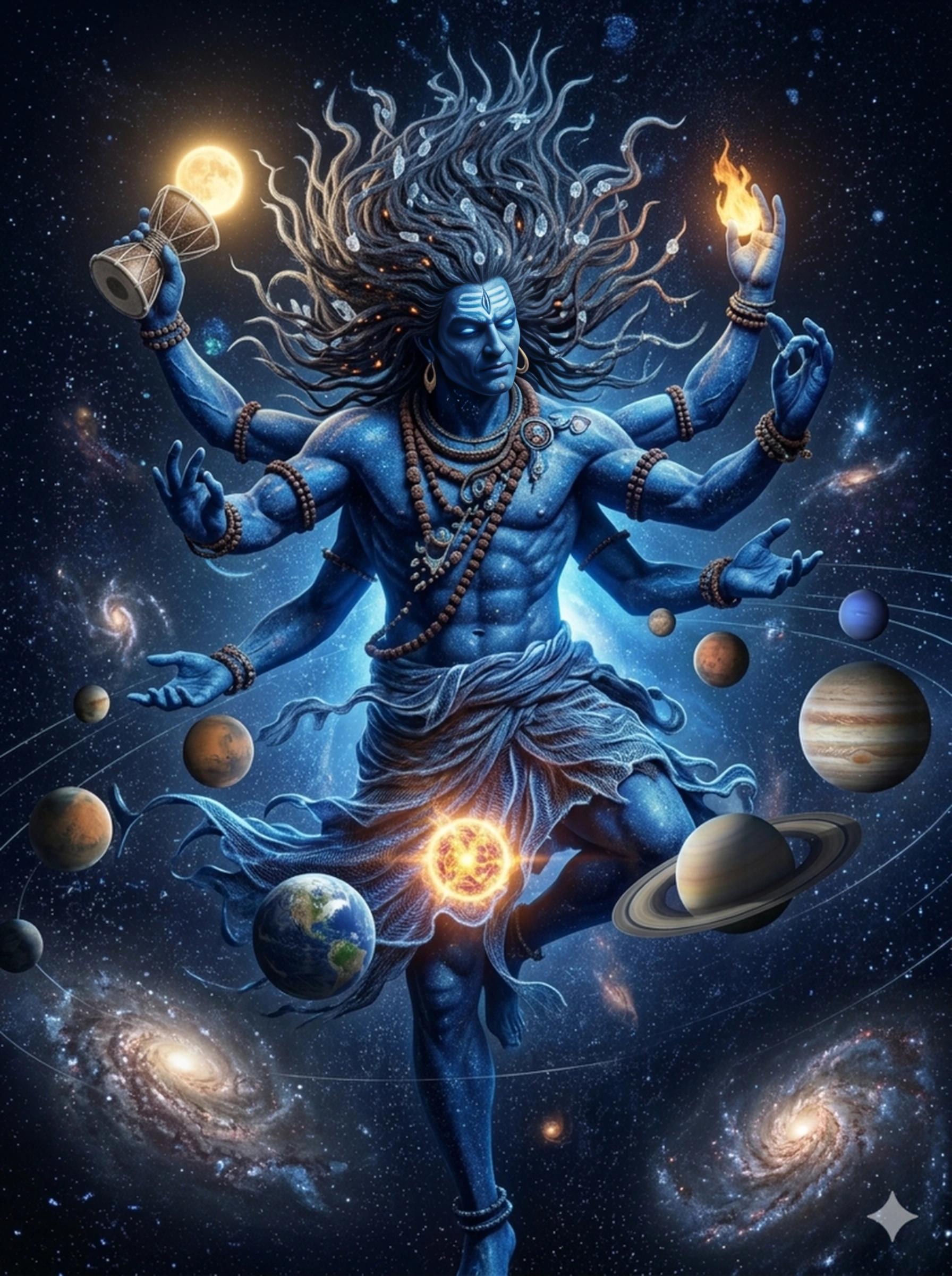 A cinematic and mystical digital art of a multi-armed Lord Shiva in a blue celestial form, dancing amidst planets, galaxies, and stars in deep space. AI Generated