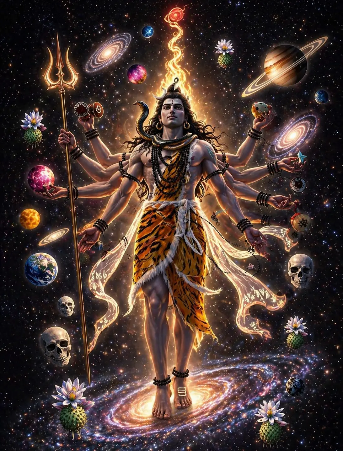 A breathtaking cosmic depiction of Lord Shiva with multiple arms, standing in the center of the universe. He holds a trident (Trishul) and is surrounded by planets, galaxies, and celestial symbols like skulls and lotuses. AI Generated.