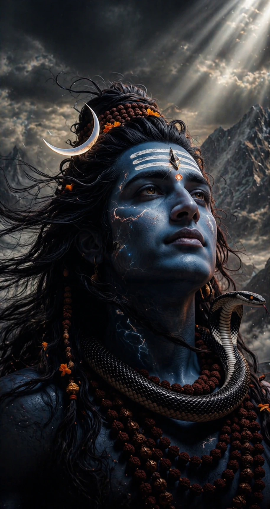 A mesmerizing portrait of Lord Shiva with a blue complexion, looking upwards towards divine light. He has long flowing hair with a crescent moon, a cobra around his neck, and rudraksha beads, set against the backdrop of the dark Himalayan mountains. AI Generated.