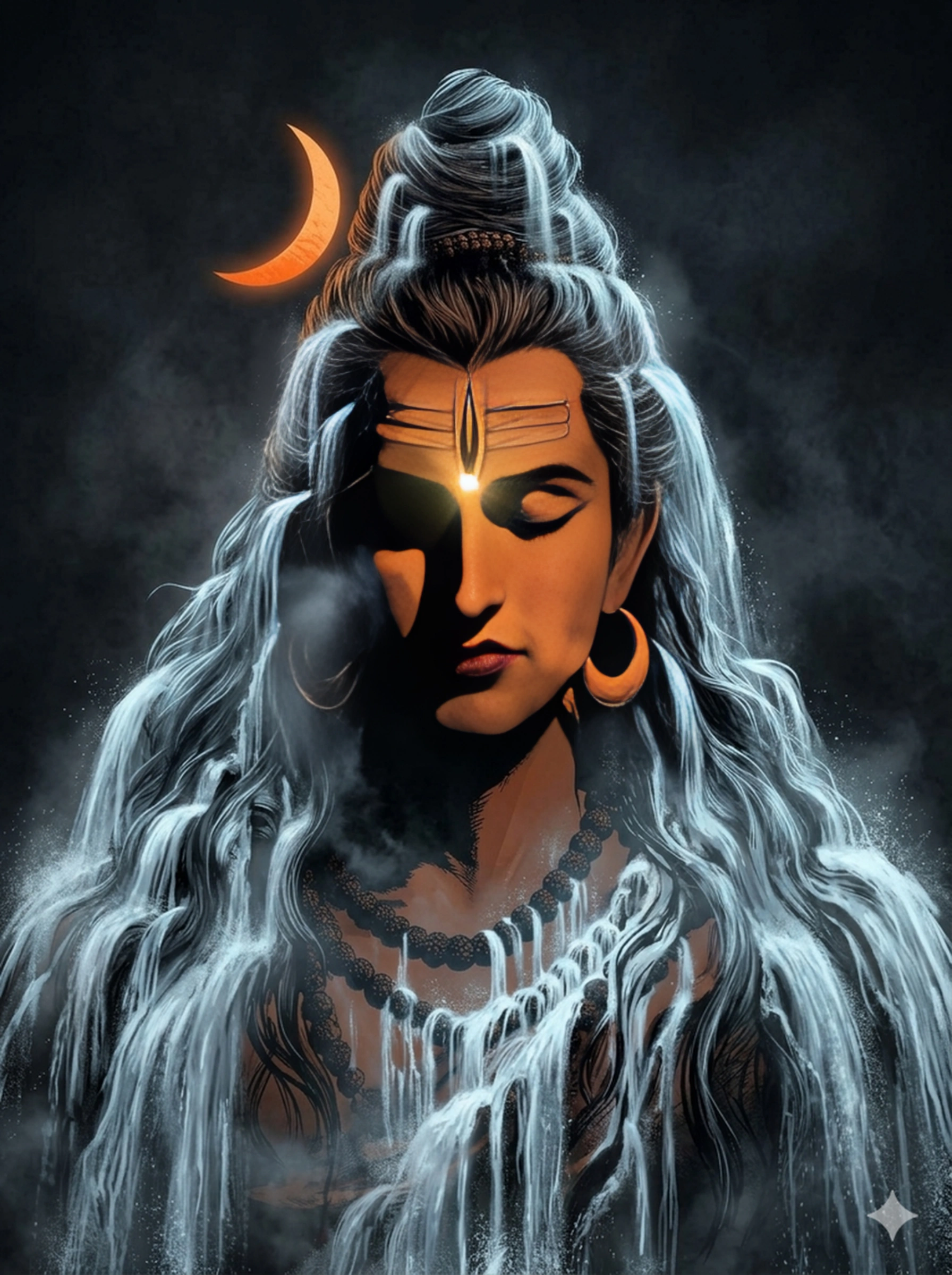 Lord Shiva with Ganga flowing from hair and crescent moon in deep meditation, AI Generated.