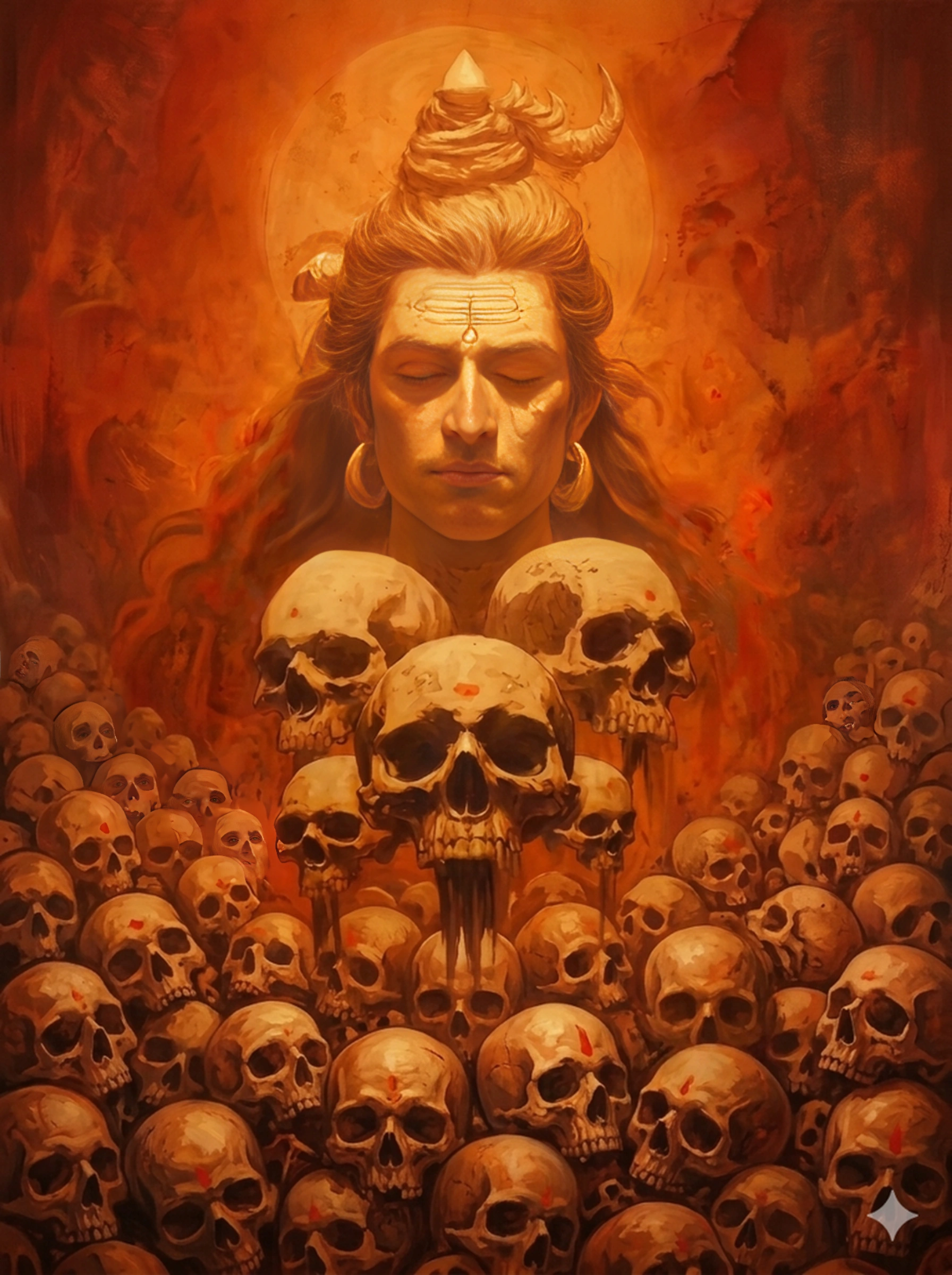 Lord Shiva in a meditative state surrounded by a mountain of skulls, representing Mahakaal, AI Generated.