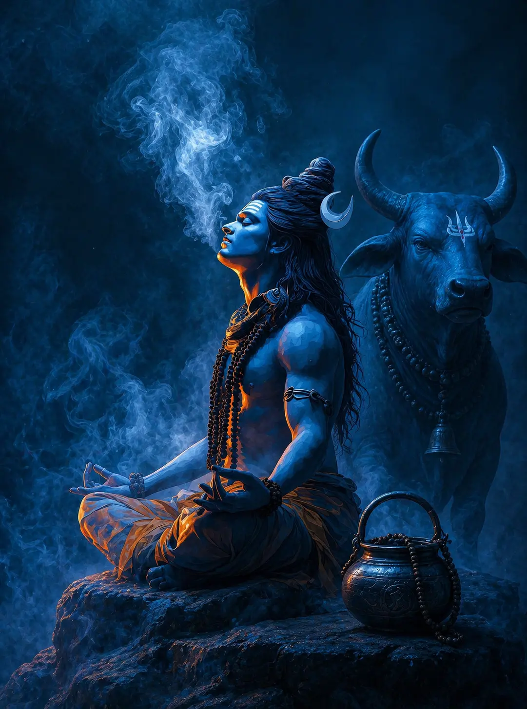 A powerful artistic depiction of Lord Shiva sitting in a meditative pose on a rock, exhaling mystical smoke. He is accompanied by Nandi the bull in a dark blue, smoky atmosphere. AI Generated.