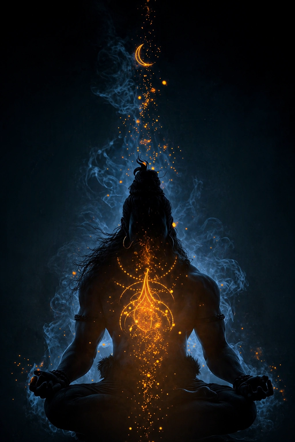"A dark cinematic silhouette of Lord Shiva in meditation, with glowing golden energy rising from his chest and a crescent moon above his head, AI generated."