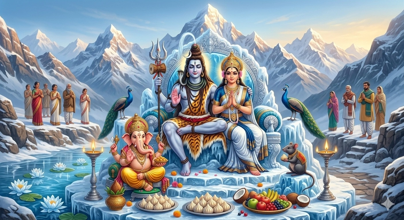 A beautiful AI-generated image of Lord Shiva, Mata Parvati, and Lord Ganesha sitting on Mount Kailash surrounded by devotees, available for free download.