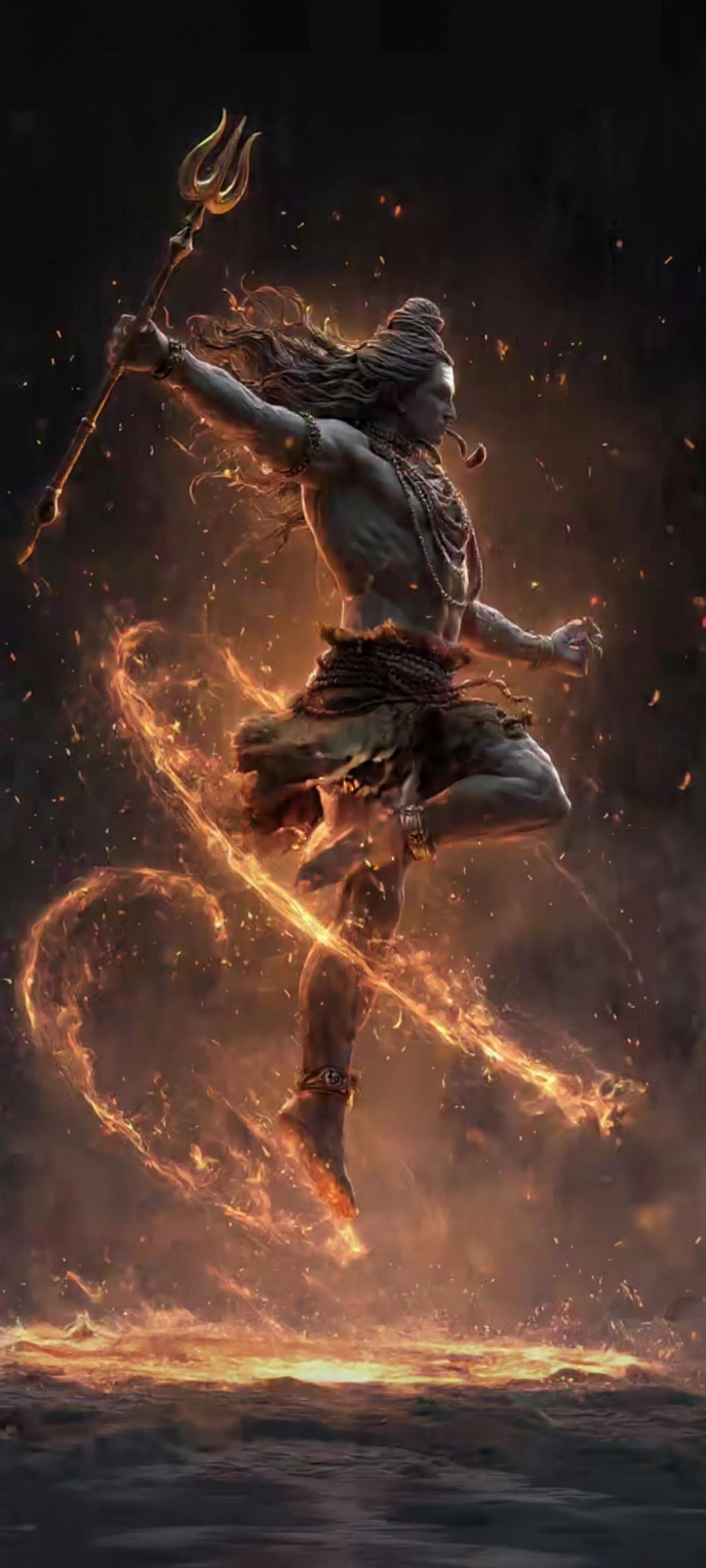 A powerful cinematic digital artwork of Lord Shiva performing the Rudra Tandava, holding a golden Trishul, surrounded by swirling trails of fire and glowing embers. AI Generated