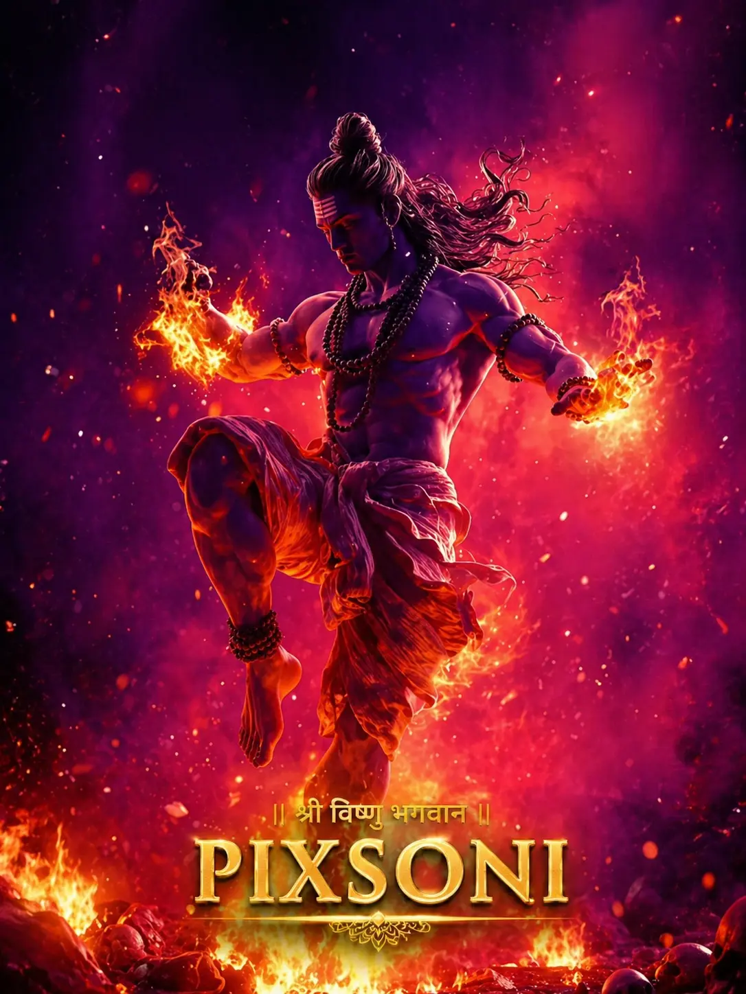 A powerful cinematic digital art of Lord Shiva performing the Tandava dance surrounded by fierce cosmic flames and sparks, with fire emanating from his hands. AI Generated