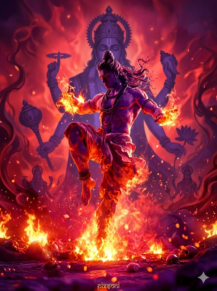 A dramatic digital illustration of Lord Shiva dancing in flames (Tandava) with a large, four-armed shadow of Lord Vishnu in the background. AI Generated