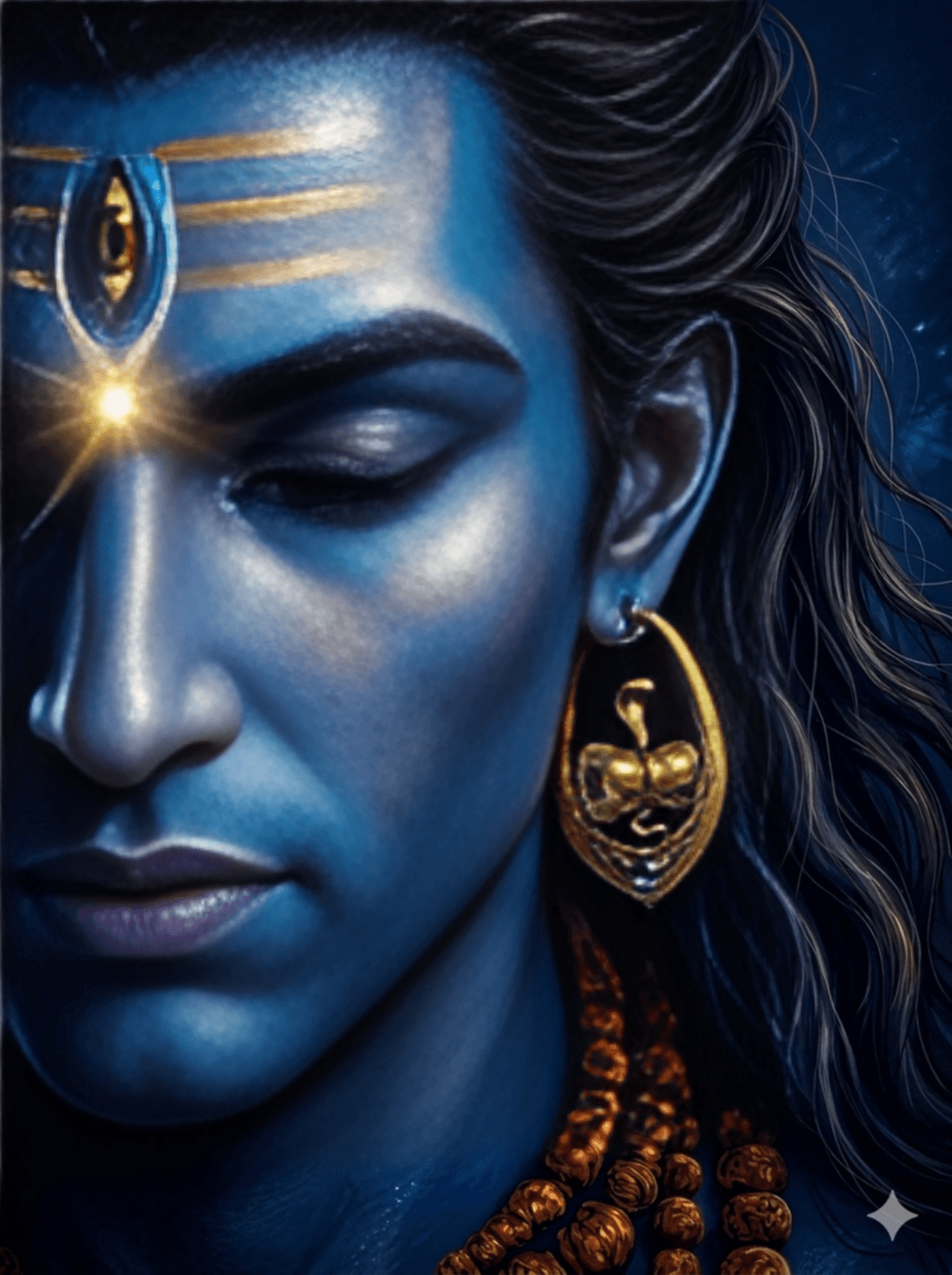 A mesmerizing close-up portrait of Lord Shiva with a blue complexion and closed eyes. His third eye is glowing with a brilliant golden light on his forehead, which is marked with a golden tripundra. He wears a large golden earring and rudraksha beads. AI Generated.