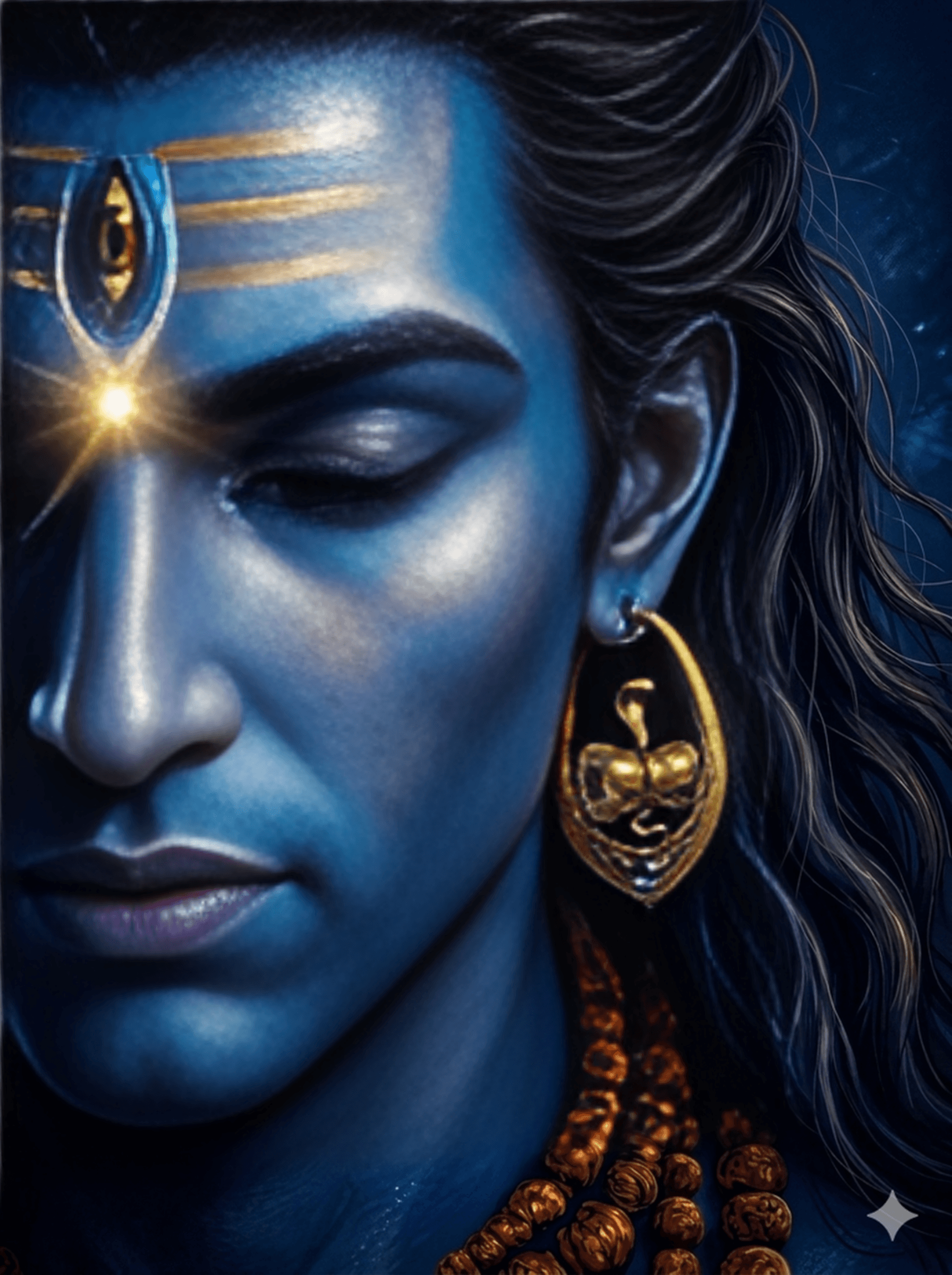A mesmerizing close-up portrait of Lord Shiva with a blue complexion and closed eyes. His third eye is glowing with a brilliant golden light on his forehead, which is marked with a golden tripundra. He wears a large golden earring and rudraksha beads. AI Generated.