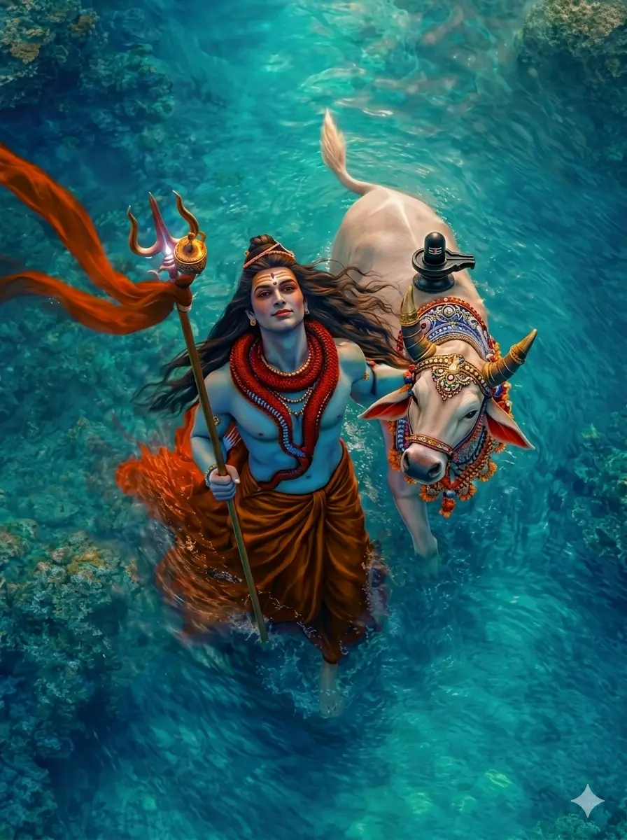A high-angle artistic shot of Lord Shiva with a blue complexion walking through clear turquoise river water alongside his faithful white bull, Nandi. Shiva holds a golden trident with a flowing orange flag, and Nandi carries a small Shiva Lingam on his back. AI Generated.