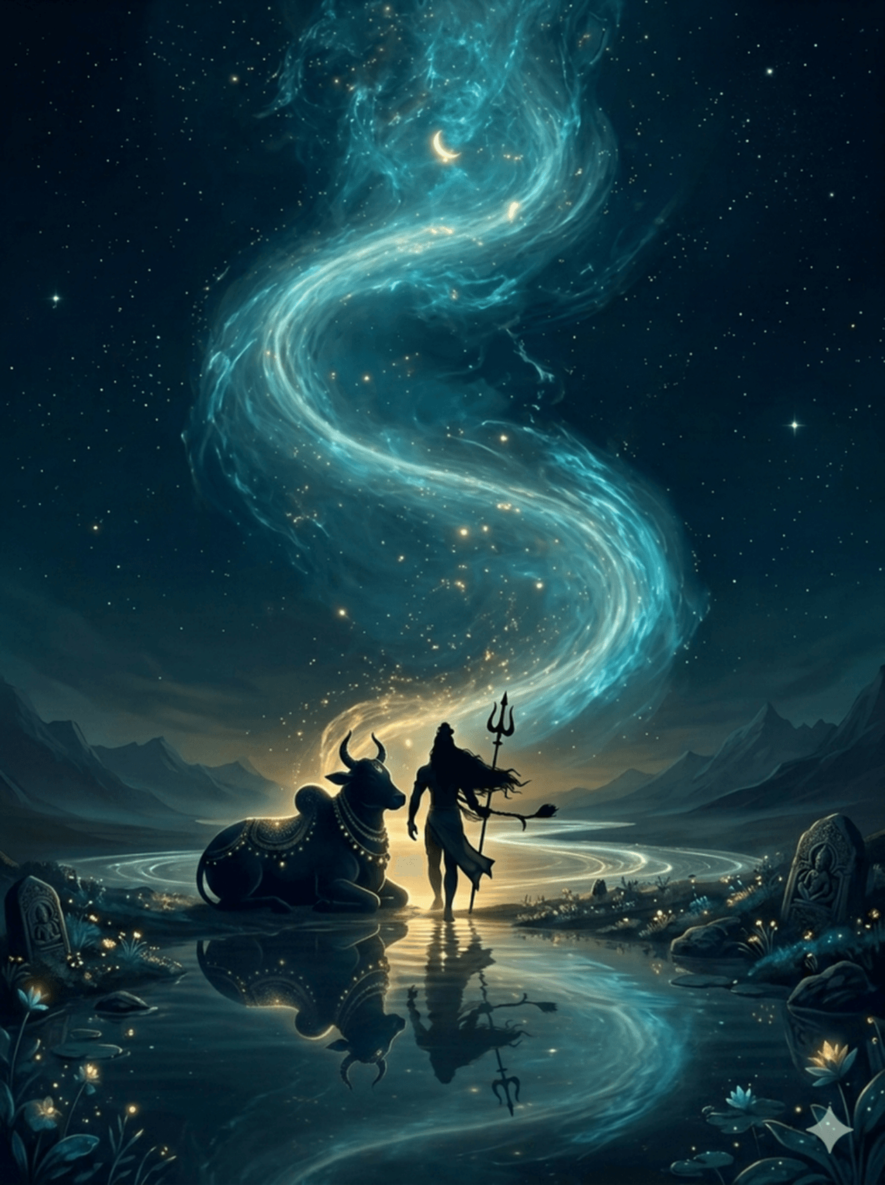 A mystical silhouette of Lord Shiva holding his Trishul, standing beside Nandi the bull near a calm lake. A glowing, ethereal blue stream representing the celestial Ganga flows across the starry night sky. AI Generated.