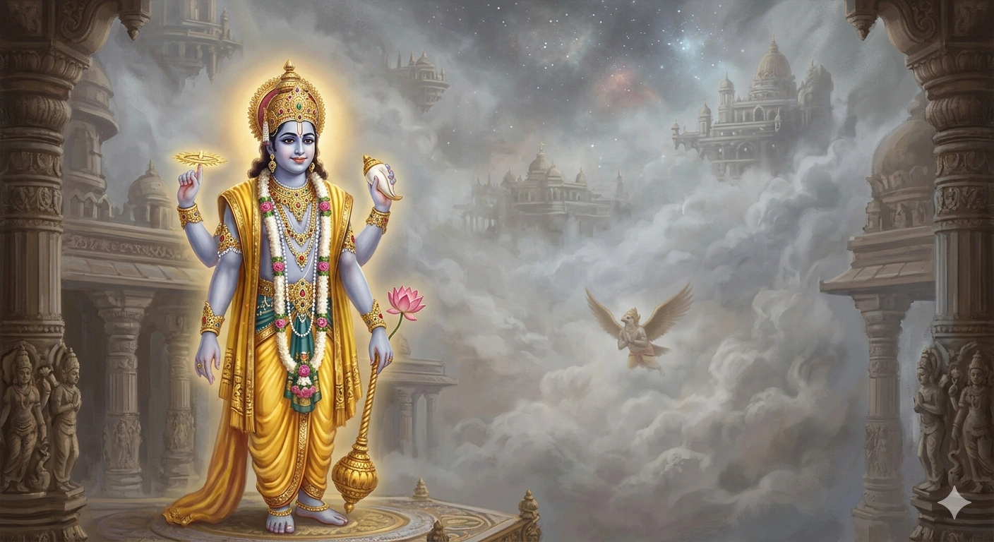 "An AI generated wide-angle digital art of Lord Vishnu with four arms holding Shanka, Chakra, Gada, and Padmaya, standing in the celestial Vaikuntha with a divine palace in the clouds."