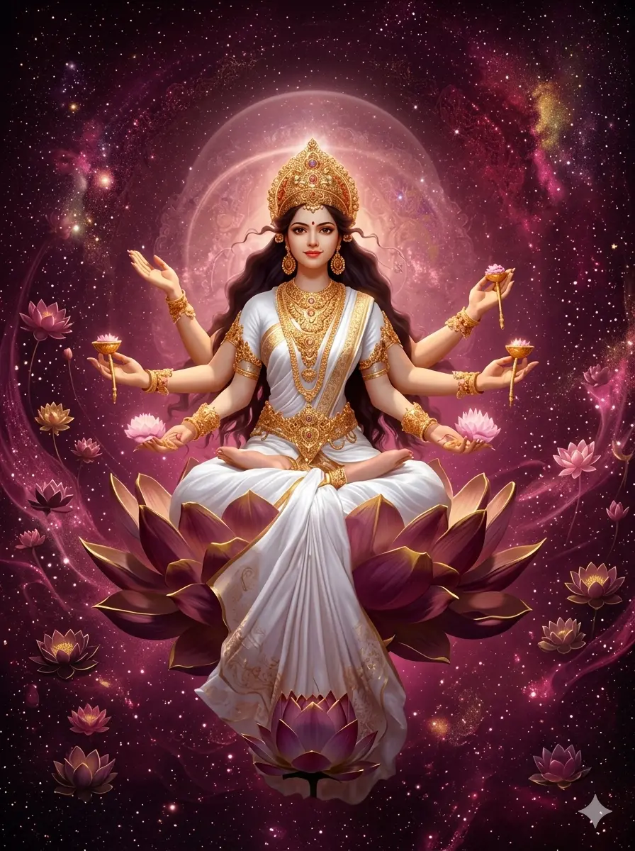 A breathtaking and divine illustration of Goddess Lakshmi with multiple arms, sitting in meditation on a blooming pink lotus. She is wearing a pristine white saree and heavy golden jewelry, surrounded by a cosmic background of stars, galaxies, and floating lotuses. AI Generated.