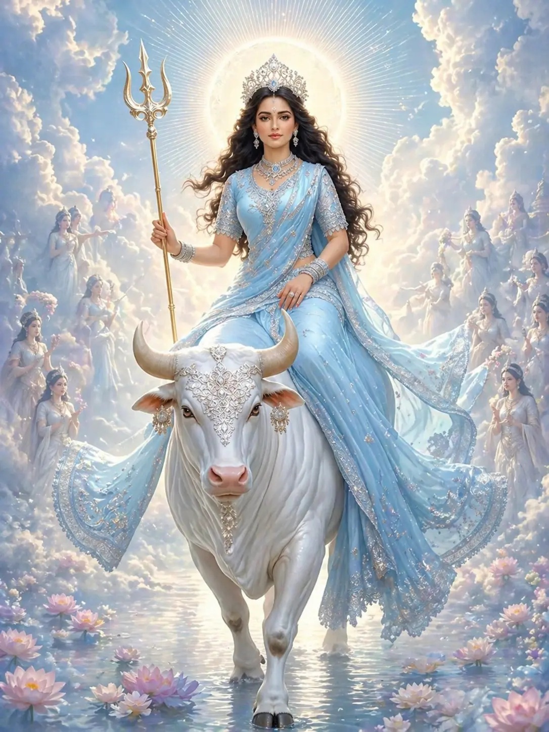 A stunning and serene depiction of Goddess Shailputri, the first form of Navdurga, wearing a light blue saree and a diamond crown. She is riding a white bull (Nandi) through a celestial landscape of clouds and lotuses, holding a golden trident (Trishul). AI Generated.