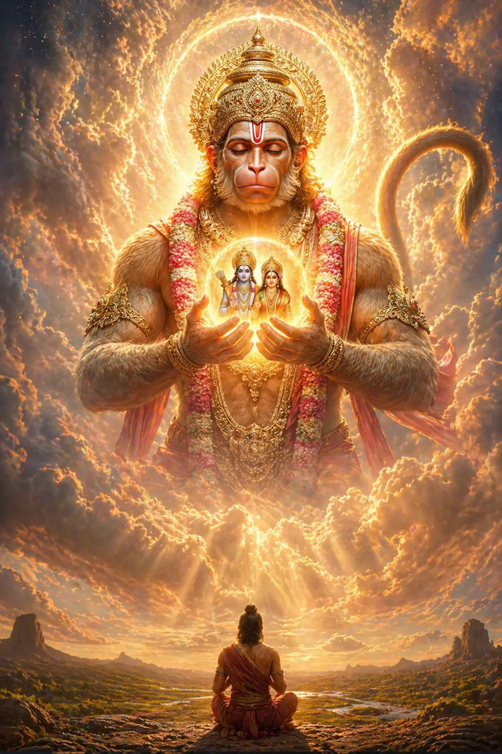 A cinematic and powerful digital art showing a giant Lord Hanuman in the clouds, opening his chest to reveal Lord Ram and Mata Sita inside, while a devotee meditates below. AI Generated